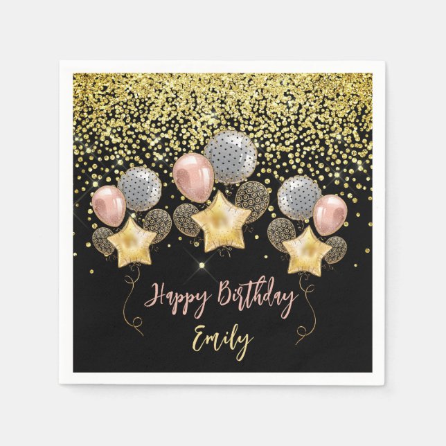 Birthday Party Balloons Gold Glitzer Ballon Black Serviette (Vorderseite)