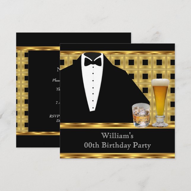 Birthday Party Beer Scotch Tuxedo Gold Black 2 Einladung (Vorne/Hinten)