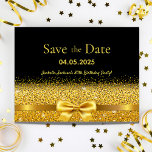 Birthday party black gold bow save the date postkarte<br><div class="desc">Elegant, classic, glamorous and feminine style 80th (or any age) birthday party save the date postcard. A faux gold colored ribbon and bow with faux golden glitter and sparkle, a bit of bling and luxury for a birthday. Black background. With the text: Save the Date on front written with a...</div>