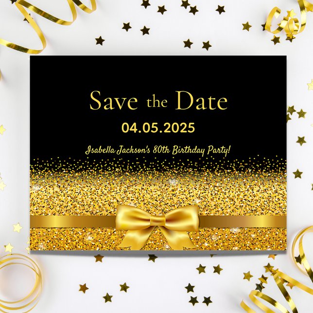 Birthday party black gold bow save the date postkarte (Von Creator hochgeladen)