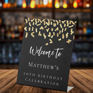 Birthday Party Black Gold Confetti Empfang Sockelschild