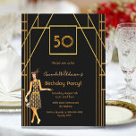 Birthday Party Black Gold Deko Einladung Postkarte<br><div class="desc">Elegante Imitate Gold und Glam für eine Aert-Deko Thema 50. (oder jedes Alter) Geburtstag Party! Eine Art Deko Geburtstagsfeier in den Imitaten Gold und Schwarz für eine glamouröse Feier. Die Einrichtung ist mit einem Flapper im Stil der 20er Jahre dekoriert. Vorlagen im Alter von 50 Jahren, Name und für Ihre...</div>