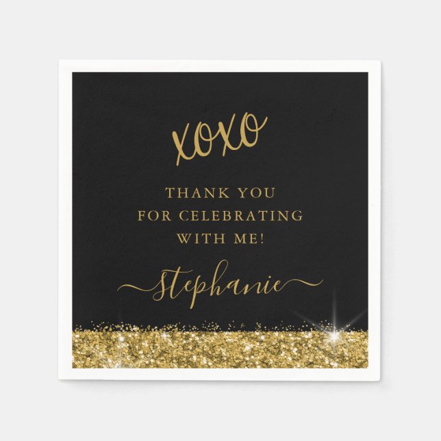 Birthday Party Black Gold Glitzer Confetti Serviette (Vorderseite)