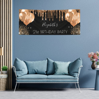 Birthday Party Black Gold Glitzer Tropfen Name Banner