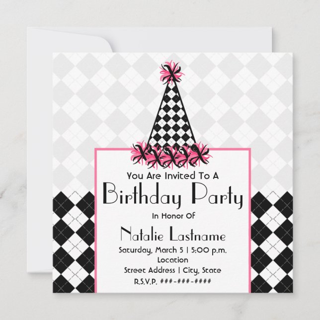 Birthday Party Black & Pink mit Raute Party Hat Einladung (Vorderseite)