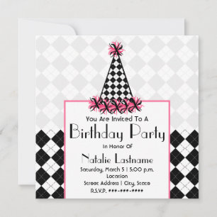 Birthday Party Black & Pink mit Raute Party Hat Einladung