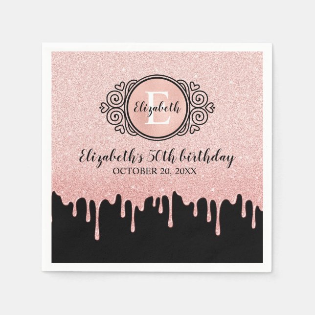 Birthday Party Black Rose Gold Drilling Glitzer Serviette (Vorderseite)