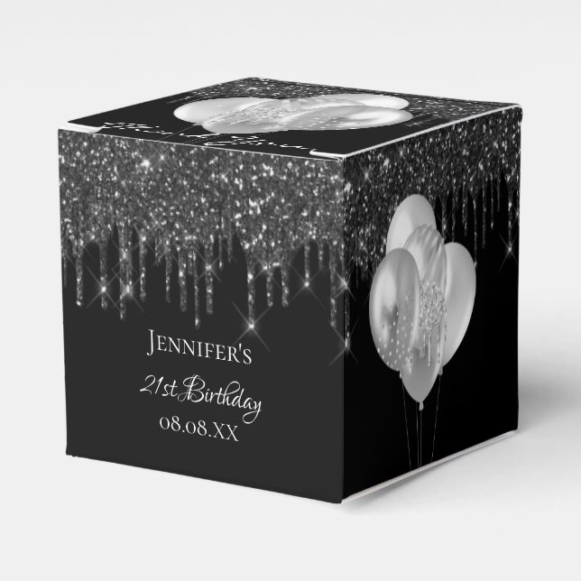Birthday Party Black Silber Glitzer Ballons Geschenkschachtel (Vorderseite)