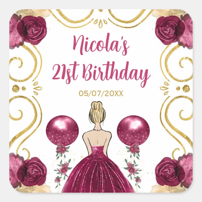 Birthday Party Blonde Princess in Burgundy Red Quadratischer Aufkleber (Vorderseite)