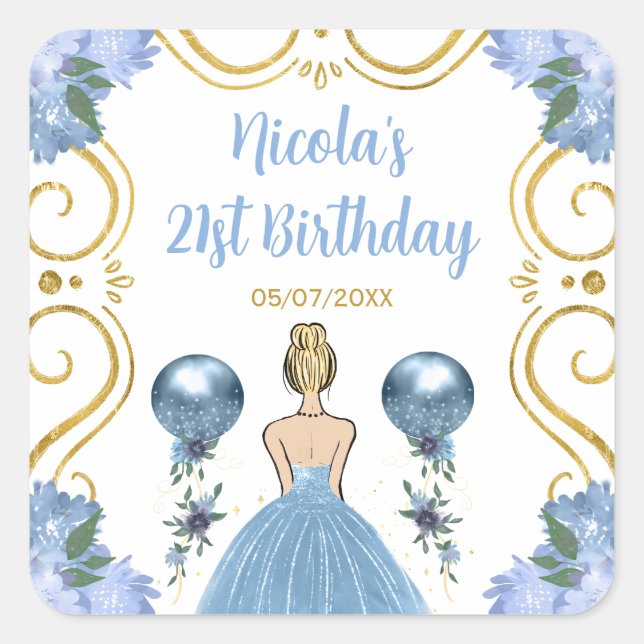 Birthday Party Blonde Princess in Dusty Blue Quadratischer Aufkleber (Vorderseite)