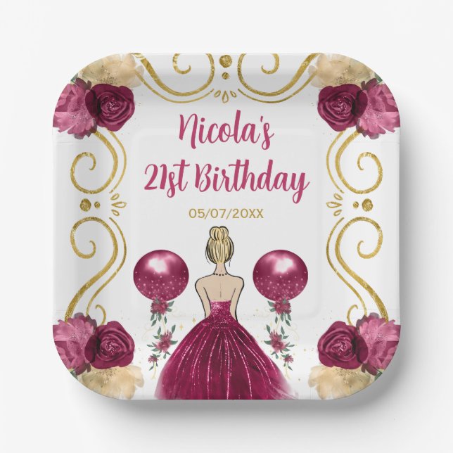 Birthday Party Blonde Prinzessin in Burgund Rot Pappteller (Vorderseite)