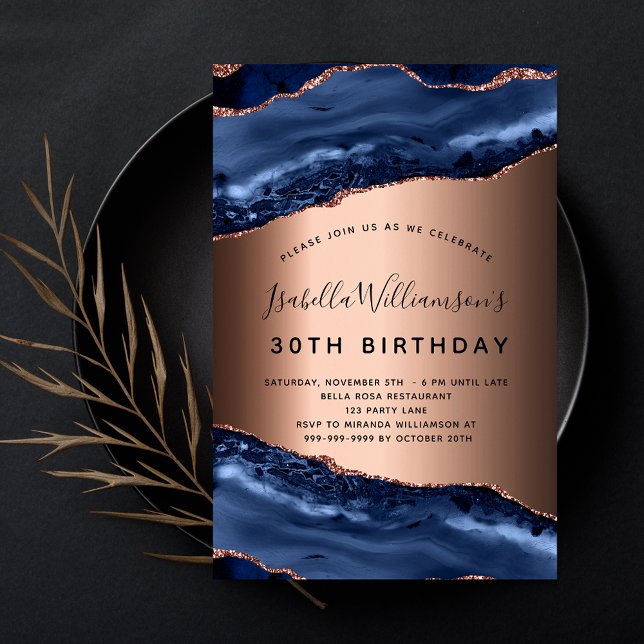 Birthday Party Blue Age Marmor Rose Gold Einladung (Von Creator hochgeladen)