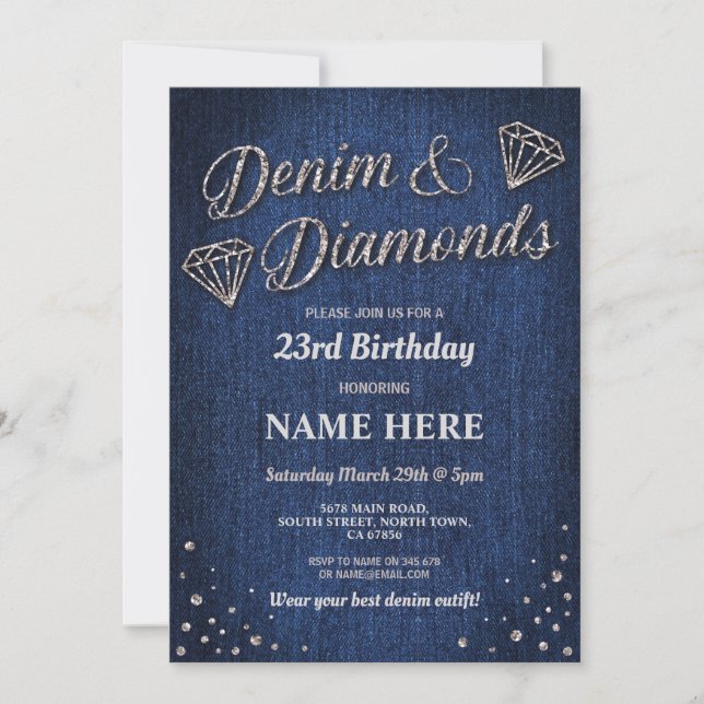 Birthday Party Blue Denim Silver Glitzer Diamond Einladung (Vorderseite)