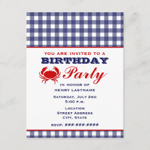 Birthday Party Blue Gingham & Crab Einladung