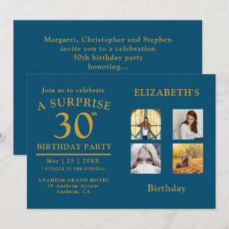 Birthday Party Blue Gold Foto Collage Einladung