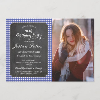 Birthday Party Blue Karo Rustikales Chalk Foto Einladung