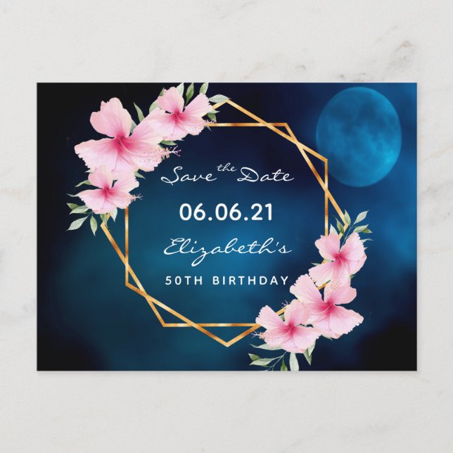 Birthday party blue moon pink floral Save the Date Postkarte (Vorderseite)