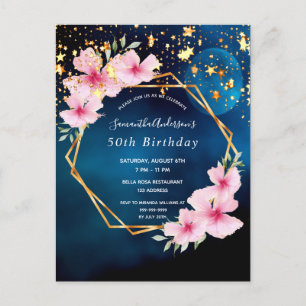 Birthday Party Blue Pink Blumensterne Einladung Postkarte