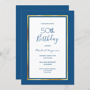Birthday Party Blue White Gold Minimalist Einladung
