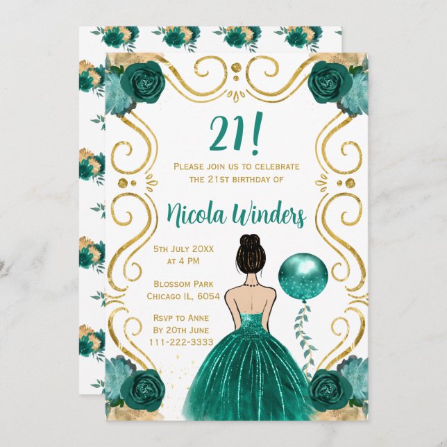 Birthday Party Brown Haar Prinzessin Aquamarin Einladung (Vorne/Hinten)