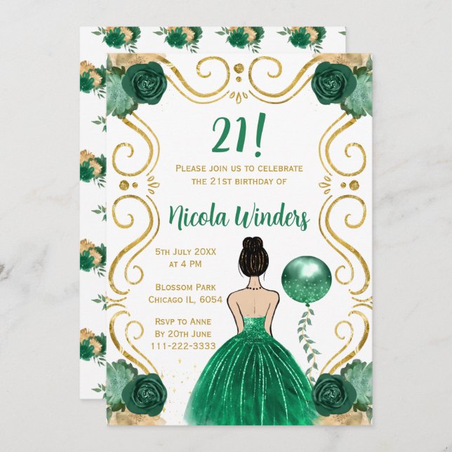 Birthday Party Brown Haar Prinzessin in Green Einladung (Vorne/Hinten)