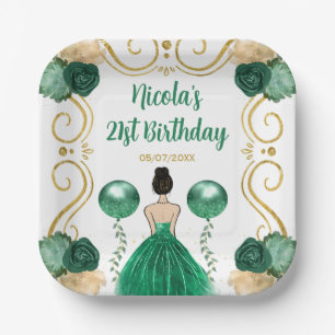 Birthday Party Brown Haar Prinzessin in Green Pappteller