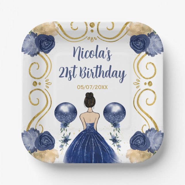 Birthday Party Brown Haar Prinzessin in Navy Blue Pappteller (Vorderseite)