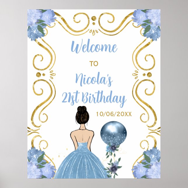 Birthday Party Brown Hair Princess Blue Willkommen Poster (Vorne)