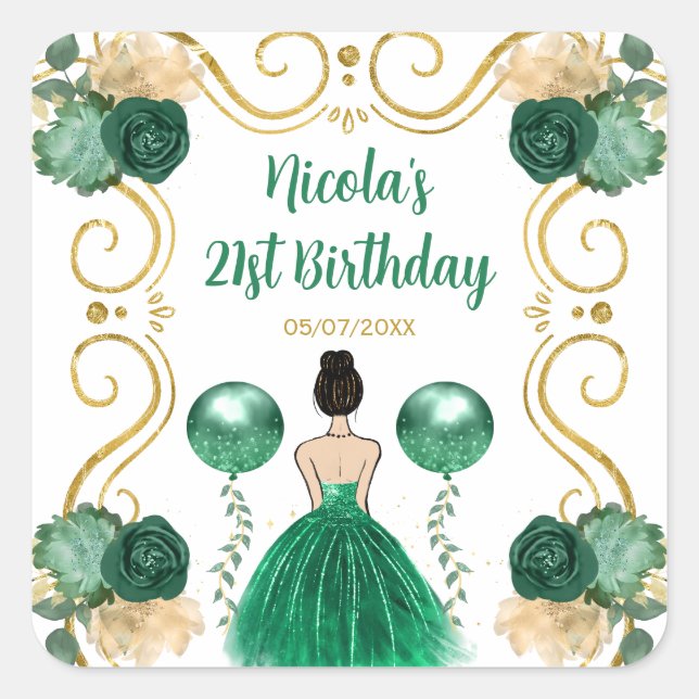 Birthday Party Brown Hair Princess in Green Quadratischer Aufkleber (Vorderseite)
