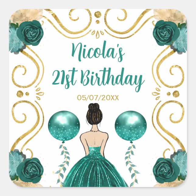 Birthday Party Brown Hair Princess in Teal Quadratischer Aufkleber (Vorderseite)