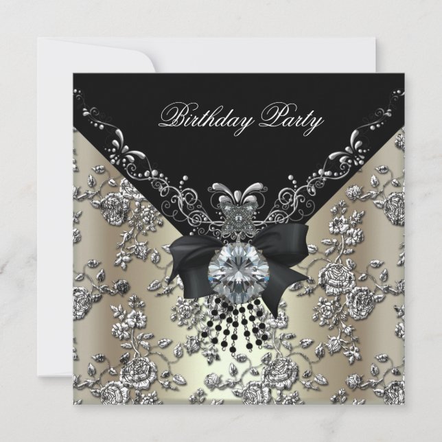 Birthday Party Creme Black Silver Damask Floral Einladung (Vorderseite)