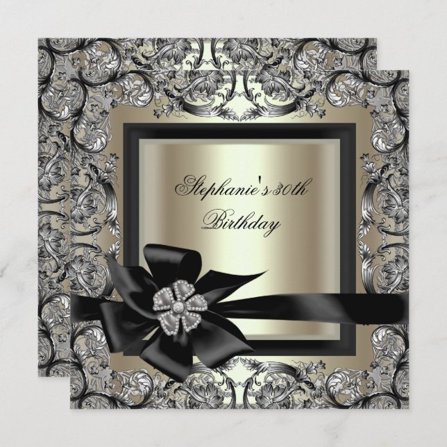 Birthday Party Creme Mint Gold Silver Black Bow 2 Einladung (Vorne/Hinten)