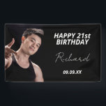 Birthday party custom photo black white modern guy banner<br><div class="desc">A banner celebrating a 21st (or any age)milestone birthday for a guy, man. An elegant modern black background. Personalize and add your own photo of the birthday boy/man. The text: The name in white with a modern hand lettered style script. Tempates for a name, age 21 and a date. Can...</div>
