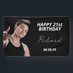 Birthday party custom photo black white modern guy banner<br><div class="desc">A banner celebrating a 21st (or any age)milestone birthday for a guy, man. An elegant modern black background. Personalize and add your own photo of the birthday boy/man. The text: The name in white with a modern hand lettered style script. Tempates for a name, age 21 and a date. Can...</div>