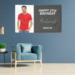 Birthday party custom photo gray modern guy banner<br><div class="desc">A banner celebrating a 21st (or any age)milestone birthday for a guy, man. An elegant modern gray, charcoal background. Personalize and add your own photo of the birthday boy/man. The text: The name in white with a modern hand lettered style script. Tempates for a name, age 21 and a date....</div>