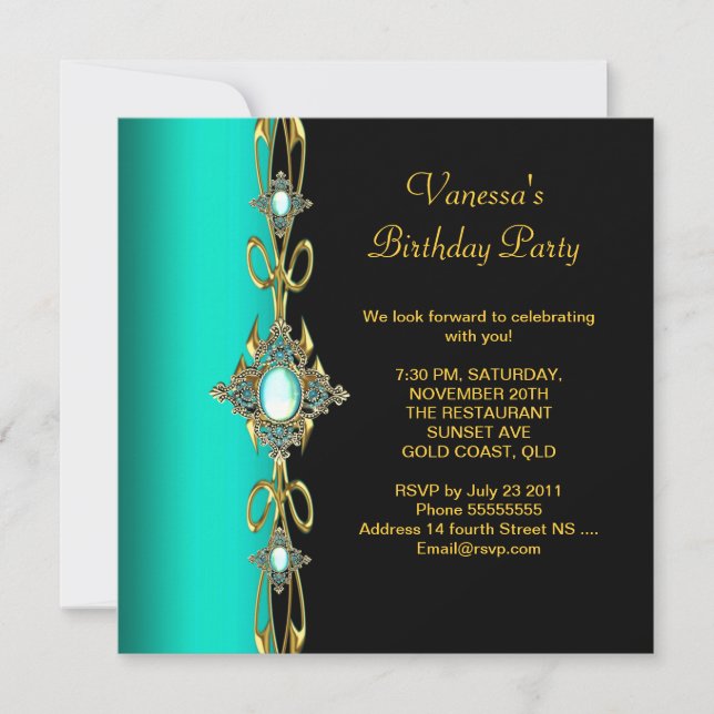 Birthday Party Damask Aquamarin Green Blue Black Einladung (Vorderseite)
