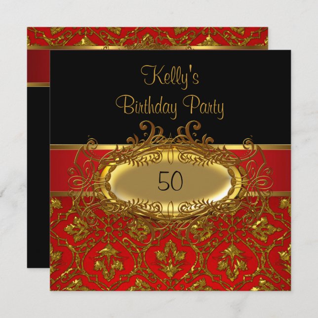 Birthday Party Damask Black Red Gold Einladung (Vorne/Hinten)