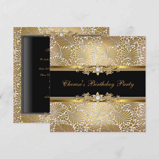 Birthday Party Damask Gold Schwarz-weiß Diamond Einladung (Vorne/Hinten)