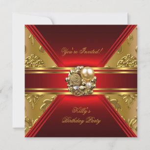 Birthday Party Damask Red Gold Einladung