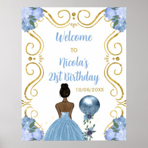 Birthday Party Dark Skin Princess Blue Willkommen Poster