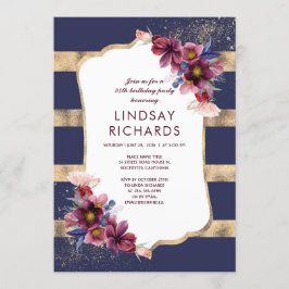Birthday Party der Marine Burgund und Gold Floral Einladung