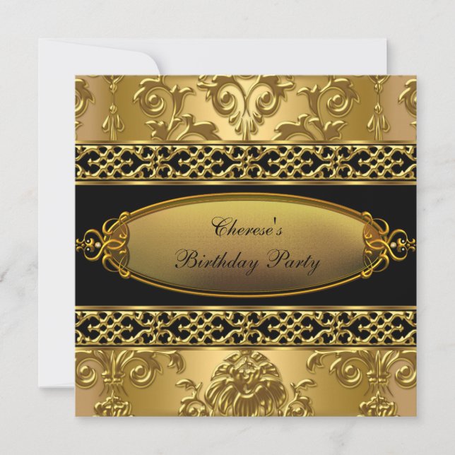Birthday Party Elegante Damask Gold Black 3 Einladung (Vorderseite)