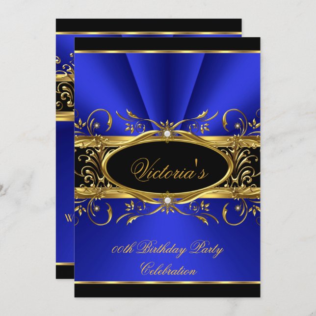 Birthday Party Elegante Royal Blue Gold Black Einladung (Vorne/Hinten)
