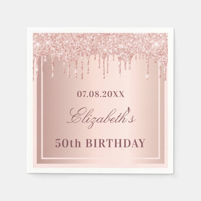Birthday Party Erröten Rose Gold Glitzer Tropfen Serviette (Vorderseite)