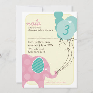 BIRTHDAY PARTY ERSUCHT: Elefant + Ballone 7P Einladung
