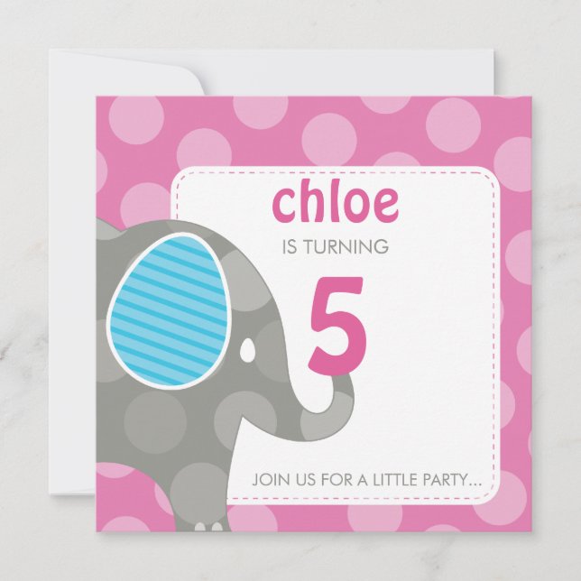 BIRTHDAY PARTY ERSUCHT: Elefant + Nummer 5SQ Einladung (Vorderseite)