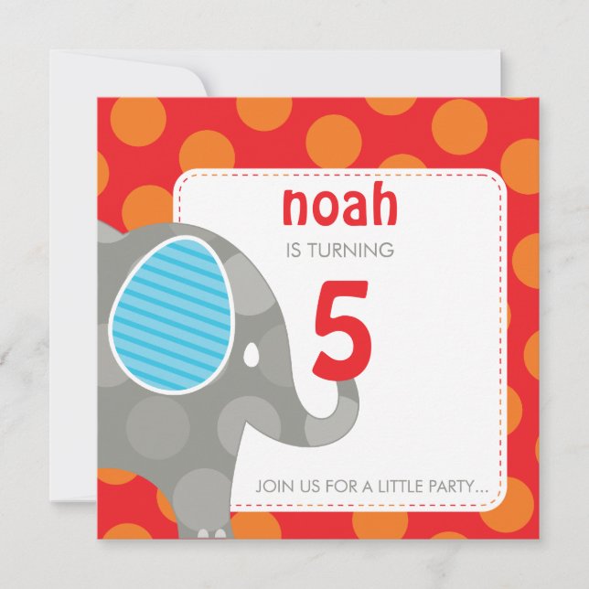 BIRTHDAY PARTY ERSUCHT: Elefant + Nummer 6SQ Einladung (Vorderseite)
