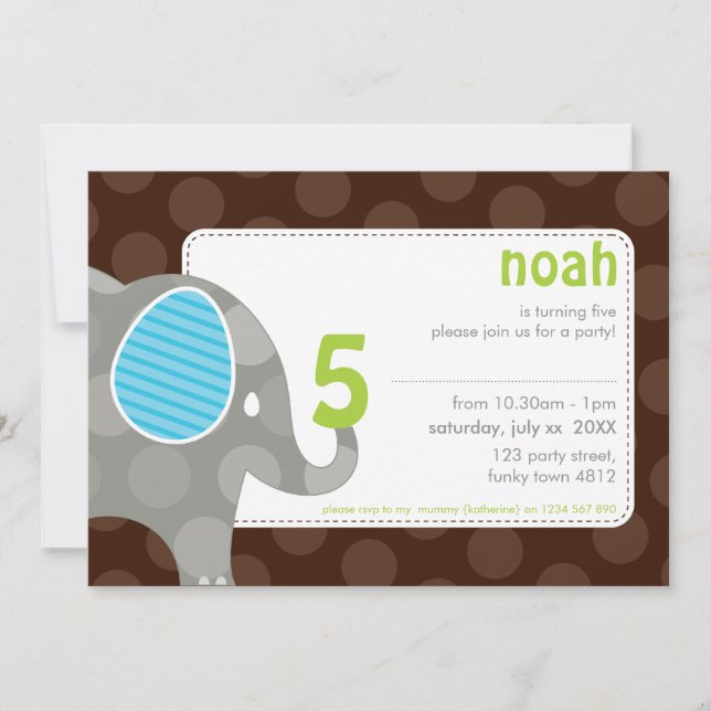 BIRTHDAY PARTY ERSUCHT: Elefant + Nummer 7L Einladung (Vorderseite)