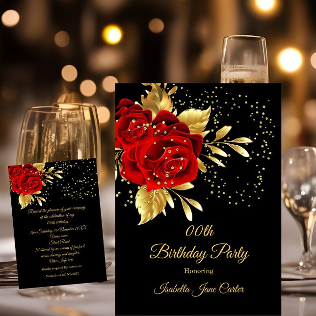 Birthday Party Exotic Rote Rose Black Floral Gold  Einladung (Von Creator hochgeladen)