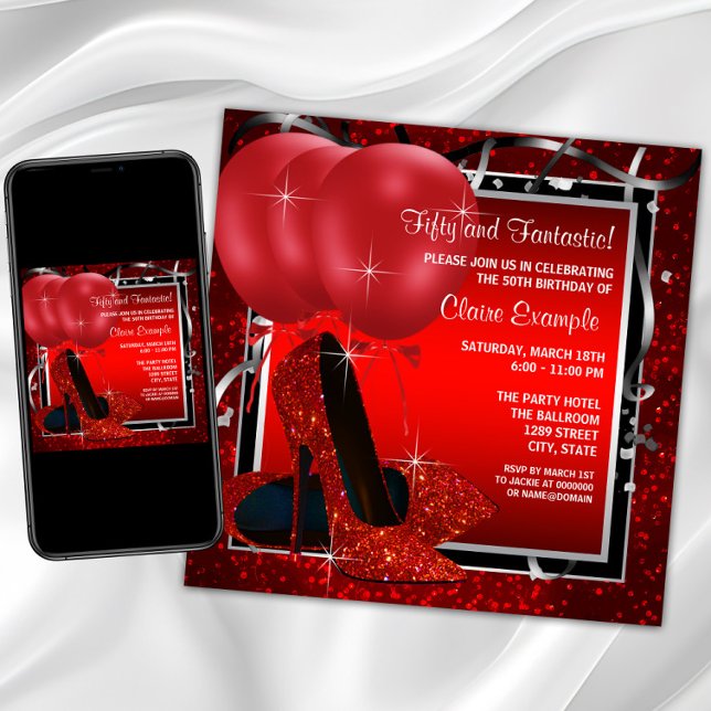 Birthday Party für Frauen in Schwarz und Rot Einladung (Womans red and silver birthday party invitation with red high heel shoes on a red and black back.)